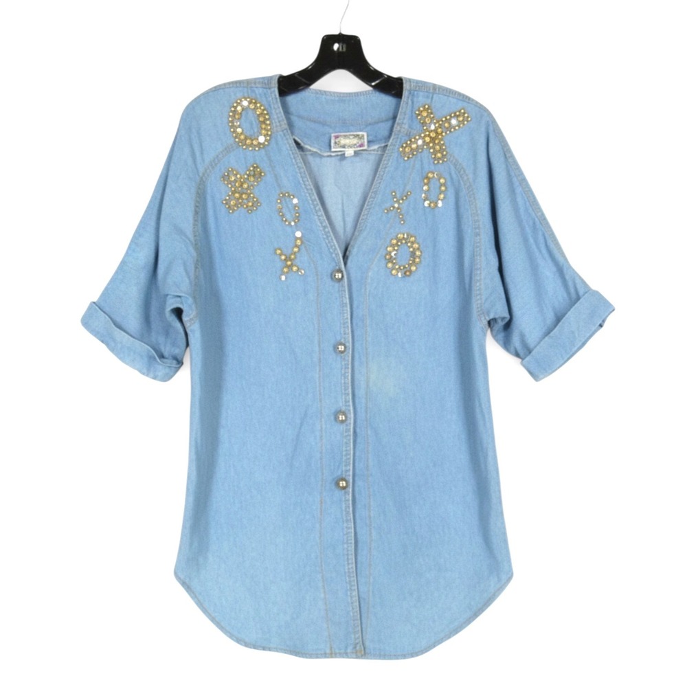 VTG MONIQUE FASHIONS Light Washed Denim RHINESTONE BEADED X's & O's Shirt/Top 10